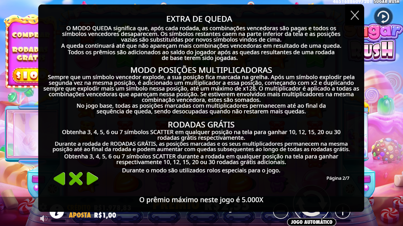 Imagem das regras do jogo sugar rush, onde há uma sessão explicando as rodadas grátis.